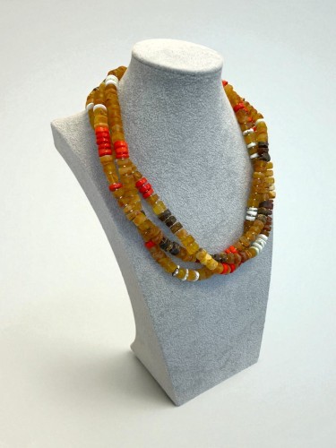 Etniczny naszyjnik z trzech sznurów bursztynu, koralowca i turkusu australijskiego