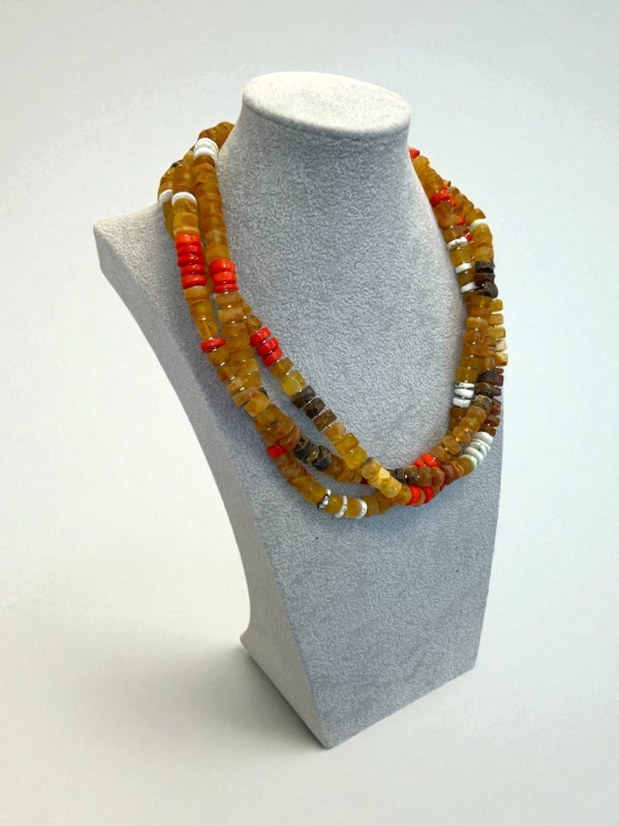 Etniczny naszyjnik z trzech sznurów bursztynu, koralowca i turkusu australijskiego