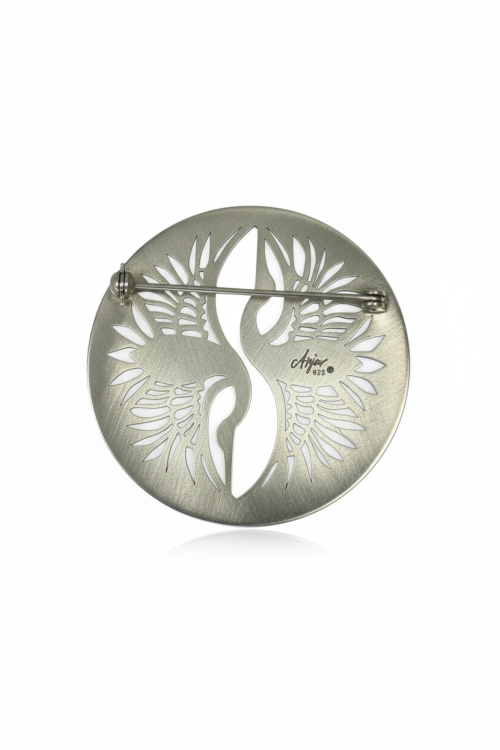 Broszka artystyczna Żurawie – srebro 925, średnica 5 cm