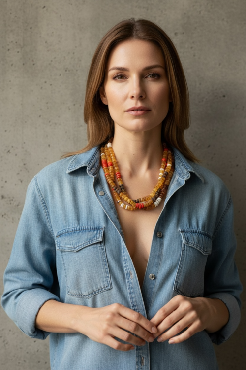 Potrójny, artystyczny naszyjnik w stylu boho. Bursztyn, koralowiec, turkus australijski i srebro