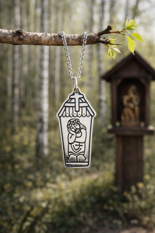 Srebrny medalik Chrystus frasobliwy w kapliczce, inspirowany polską sztuką ludową