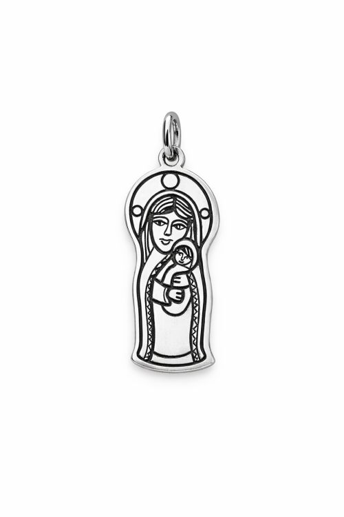 Medalik wykonany z polerowanego srebra próby 925 z wizerunkiem matki Boskiej z Dzieciątkiem