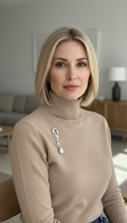 Srebrna broszka żuraw z białą perłą wykonana ze srebra próby 925