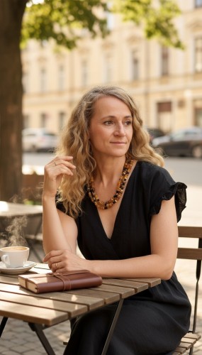Naszyjnik Autumn Vibes to unikatowa, ręcznie wykonana biżuteria z jasnego bursztynu bałtyckiego i surowego turmalinu. Trzy sznury naturalnych kamieni, srebrne detale i autorskie zapięcie w kształcie ryby tworzą wyjątkowy naszyjnik w etnicznym stylu.